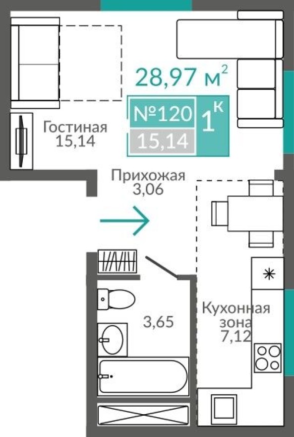 1к. квартира, 29.0 м²