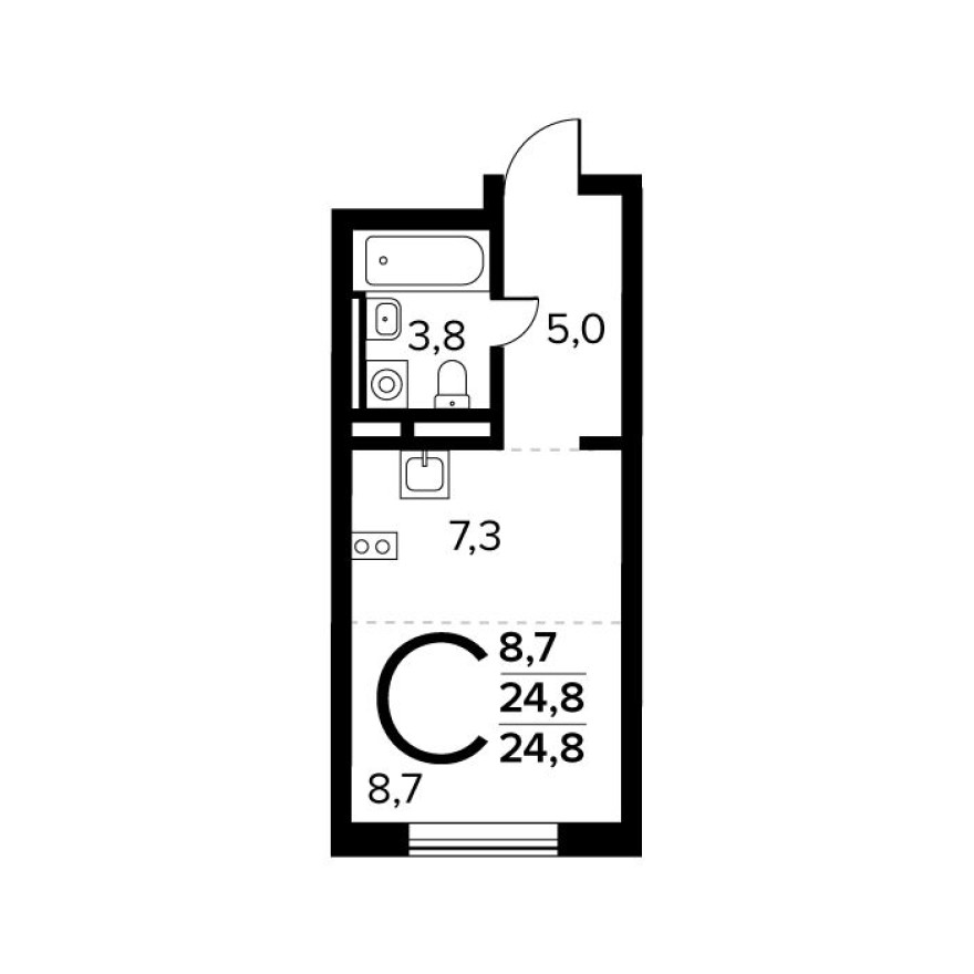 Студия-квартира, 24.8 м²