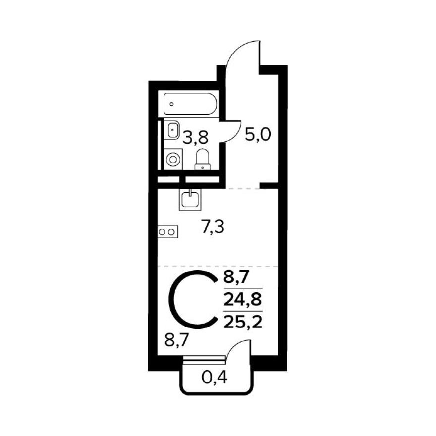 Студия-квартира, 25.2 м²