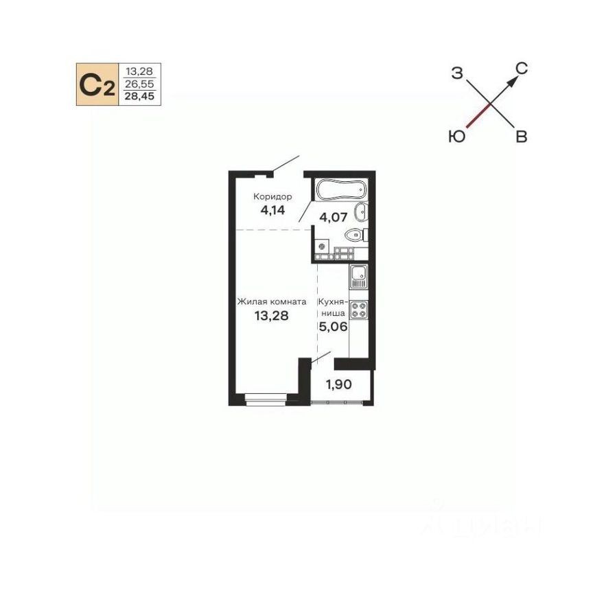 1к. квартира, 28.5 м²