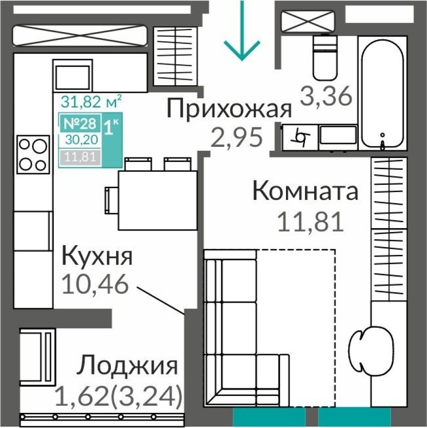 1к. квартира, 30.2 м²