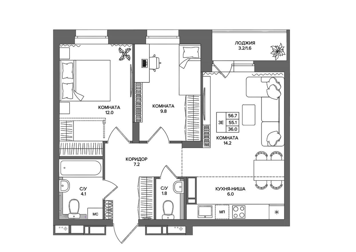 3е квартира, 56.7 м²