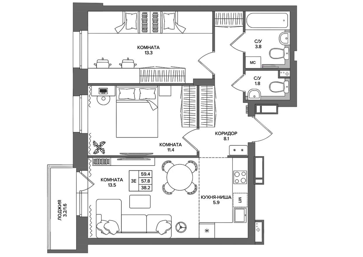 3е квартира, 59.4 м²
