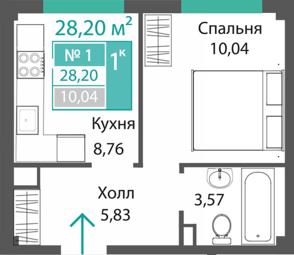 1к. квартира, 28.2 м²