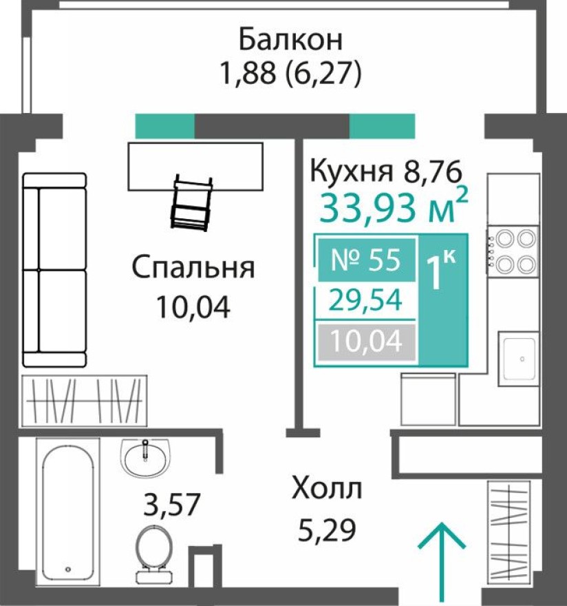 1к. квартира, 29.5 м²