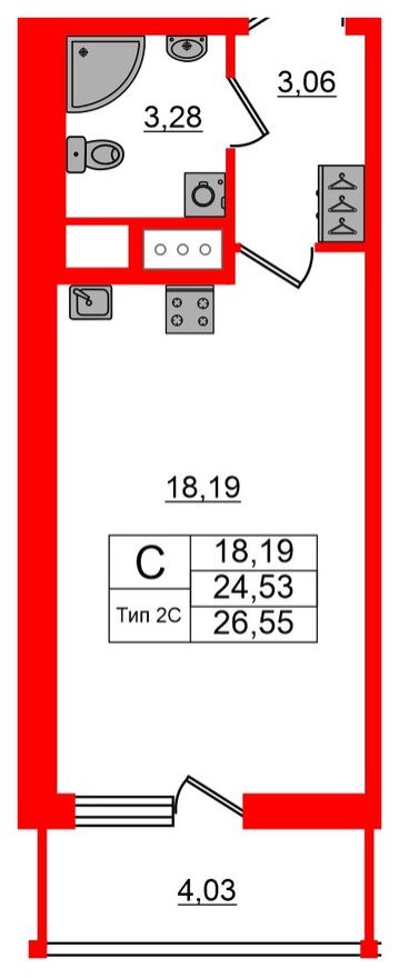 Студия-квартира, 24.5 м²