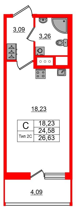 Студия-квартира, 24.6 м²
