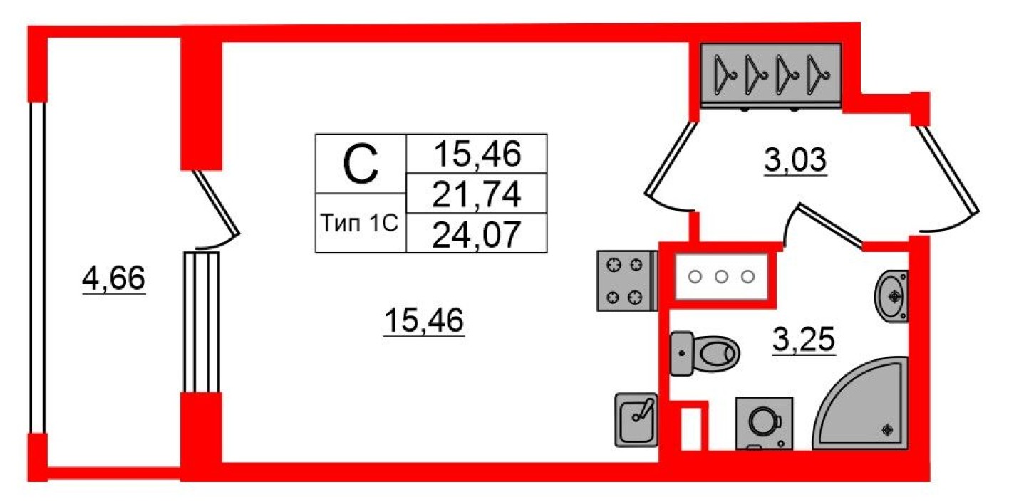 Студия-квартира, 21.7 м²