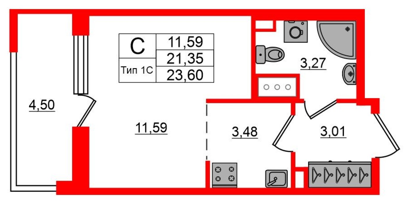 Студия-квартира, 21.4 м²