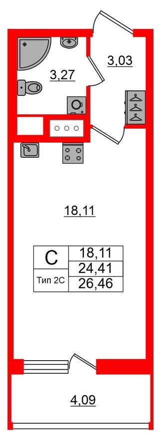 Студия-квартира, 24.4 м²