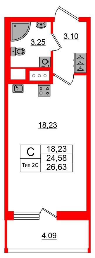 Студия-квартира, 24.6 м²