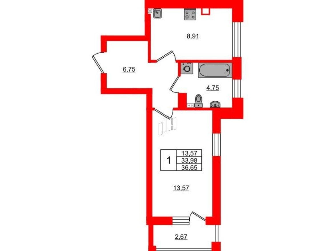 1к. квартира, 36.7 м²