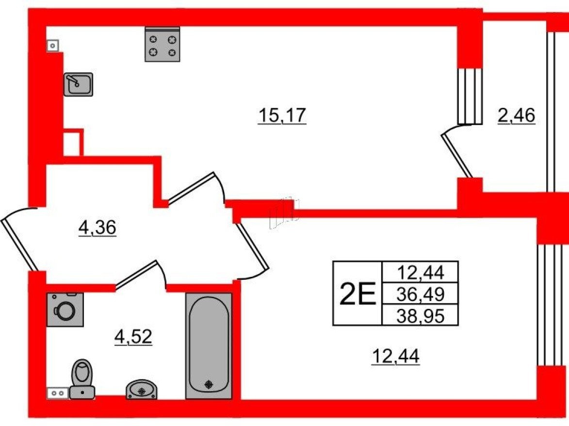 1к. квартира, 39.0 м²