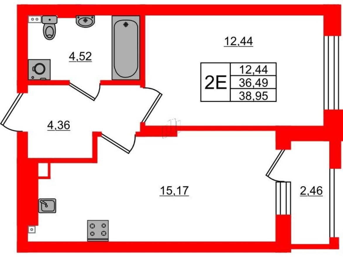 1к. квартира, 39.0 м²