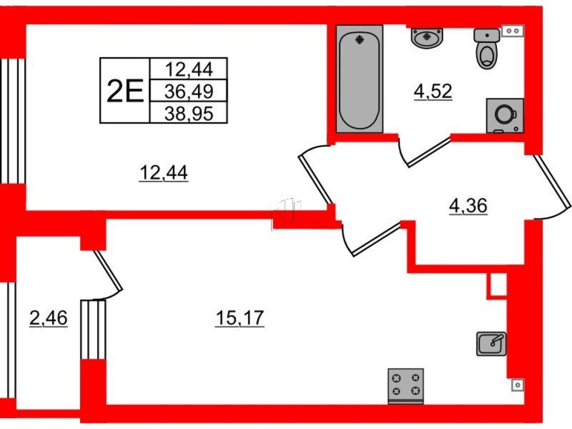 1к. квартира, 39.0 м²