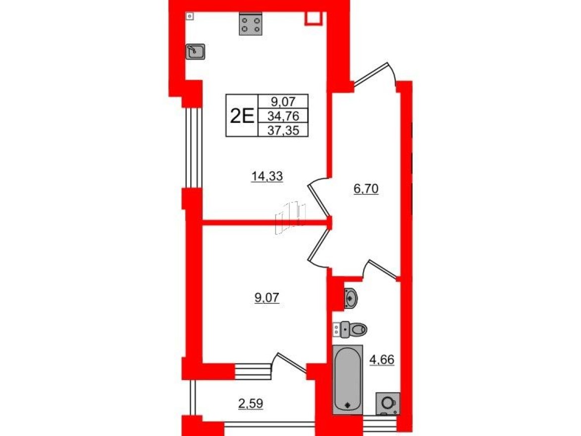 1к. квартира, 37.4 м²