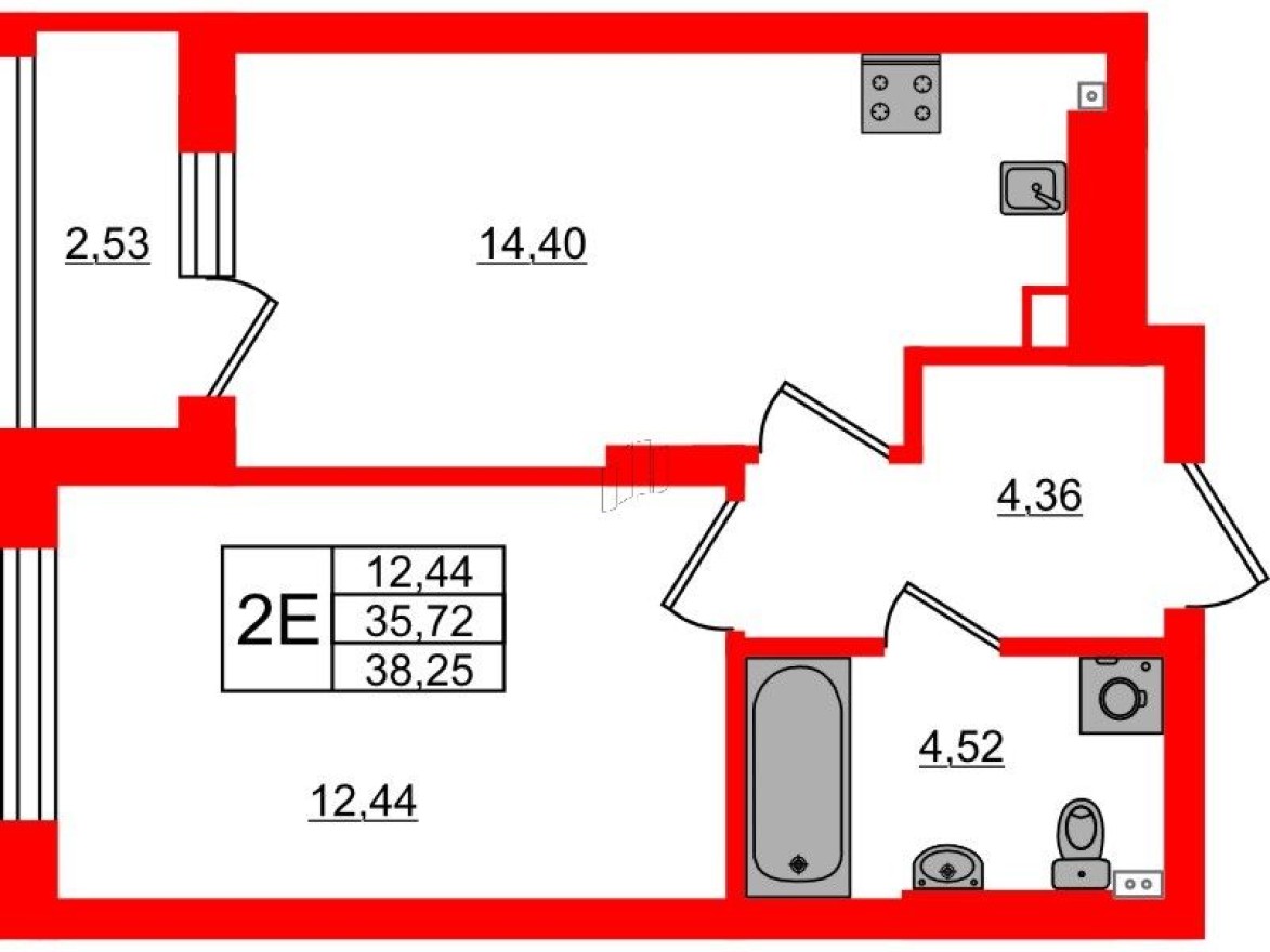 1к. квартира, 38.3 м²