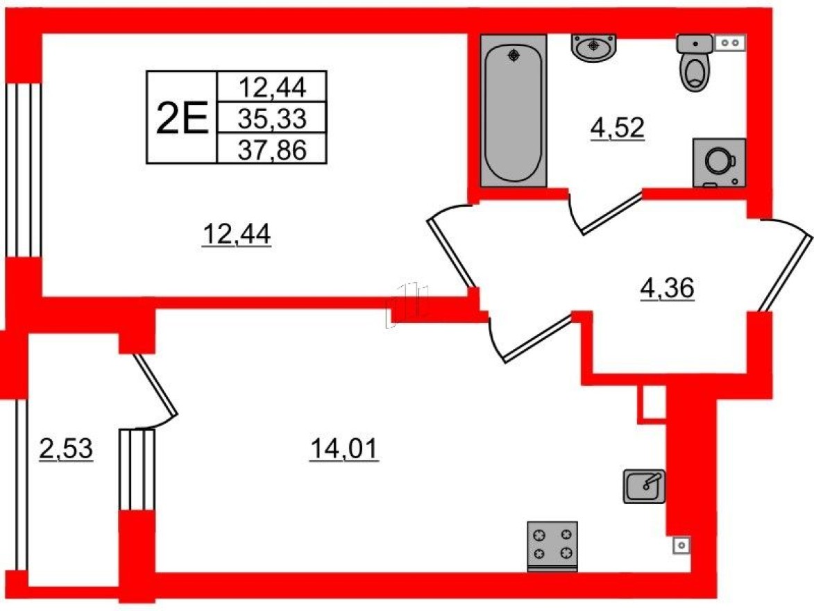 1к. квартира, 37.9 м²