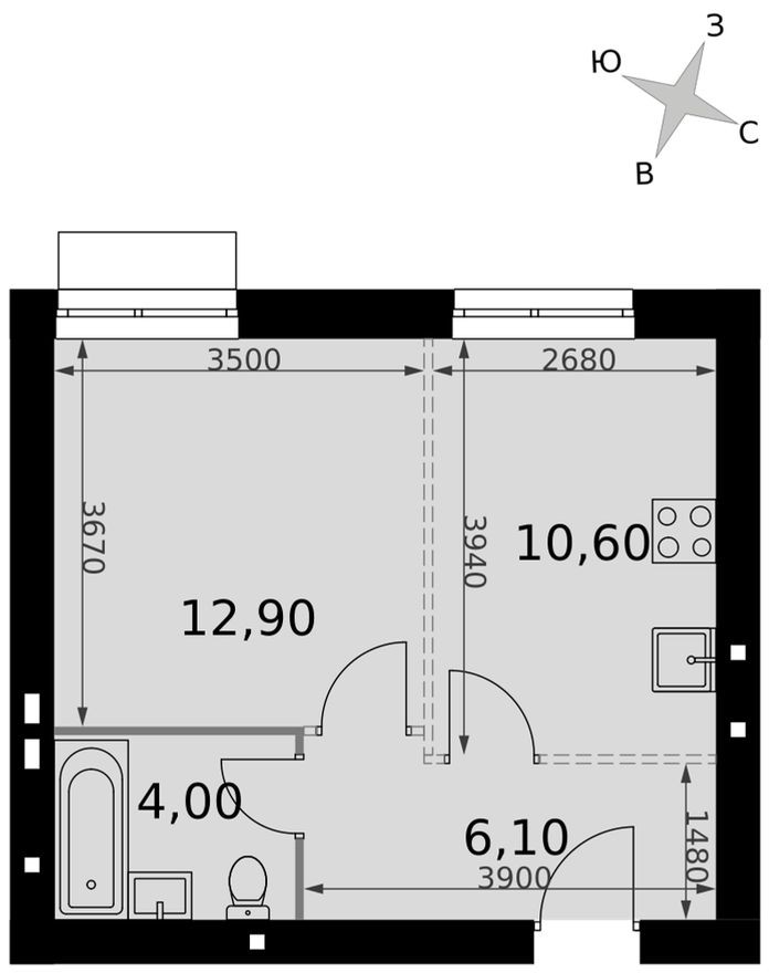 1к. квартира, 33.6 м²