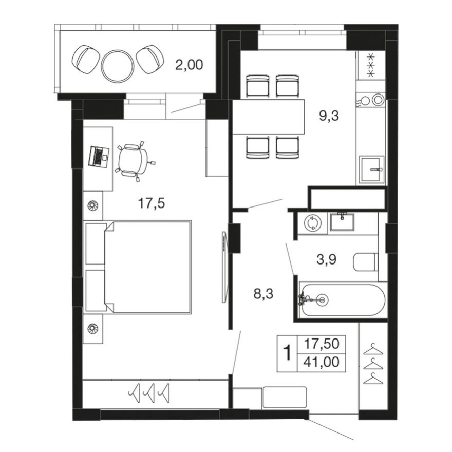 1к. квартира, 41.0 м²