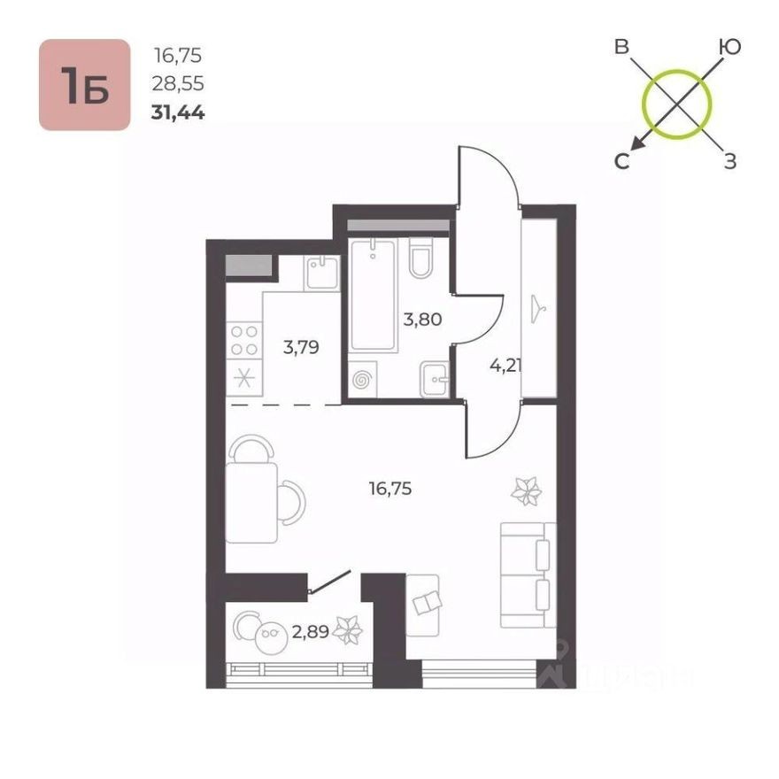 1к. квартира, 31.4 м²