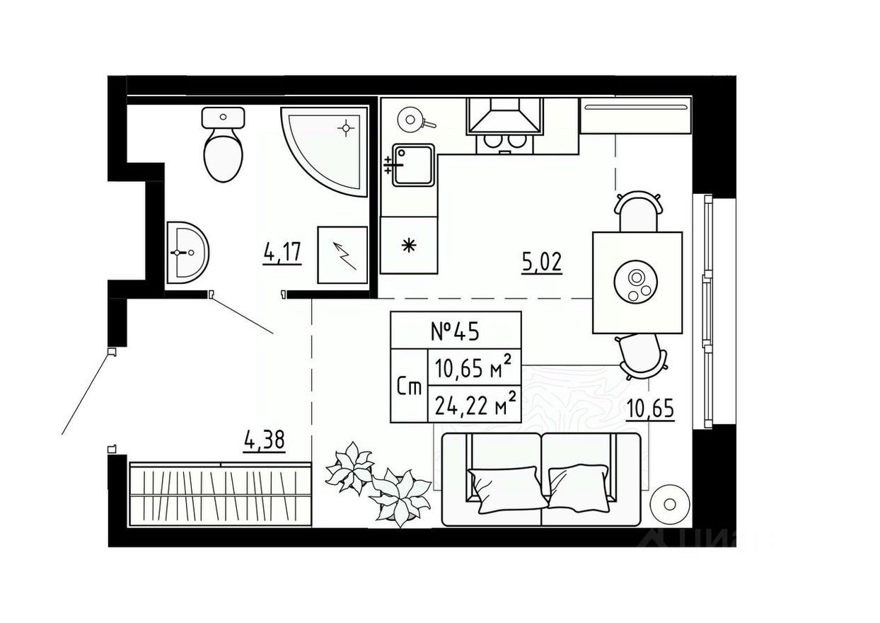1к. квартира, 24.2 м²