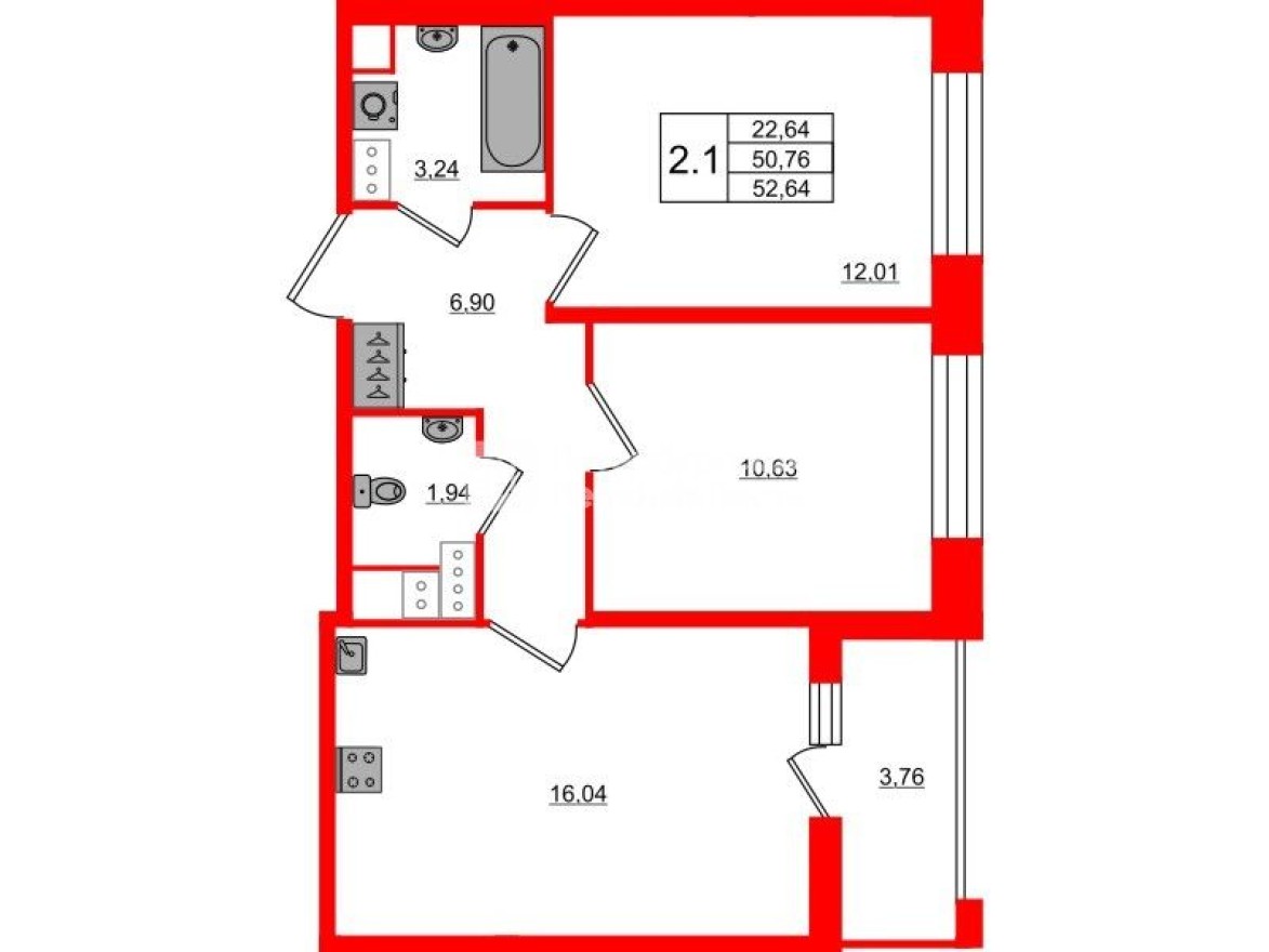 2к. квартира, 50.8 м²