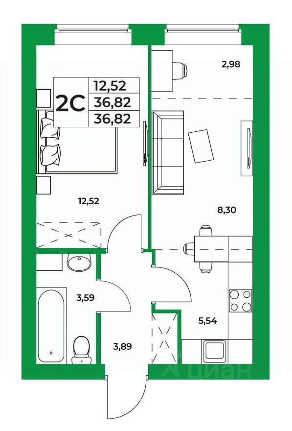 1к. квартира, 36.8 м²