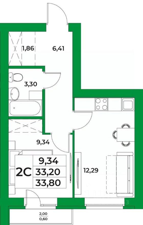 1к. квартира, 33.8 м²