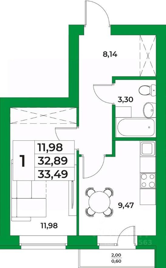1к. квартира, 33.5 м²
