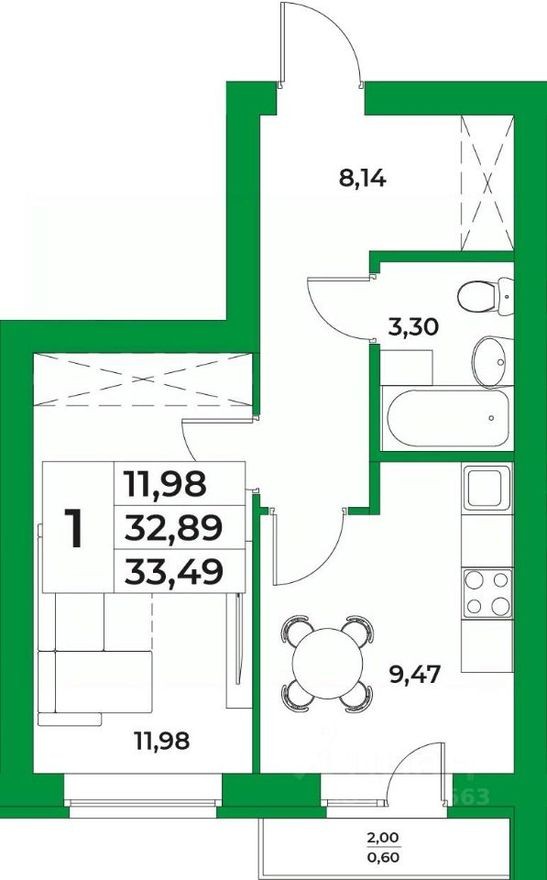 1к. квартира, 33.5 м²