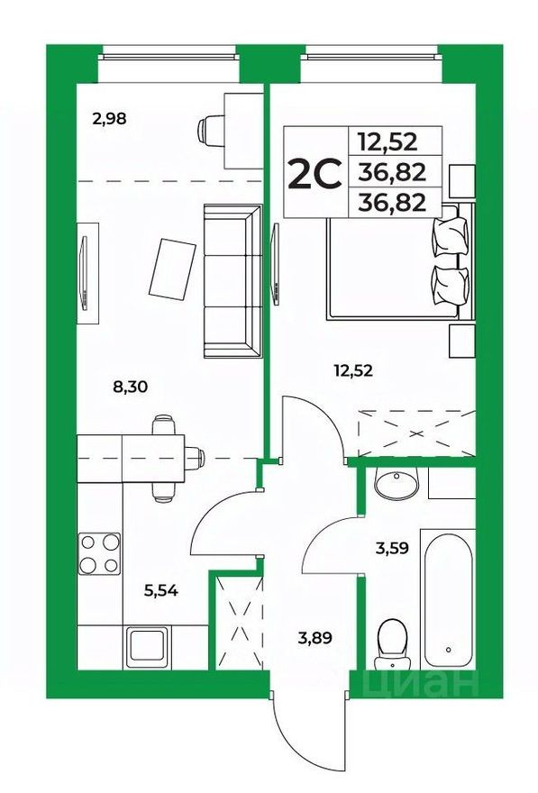 1к. квартира, 36.8 м²