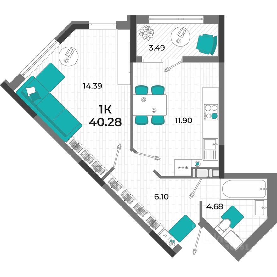 1к. квартира, 40.3 м²