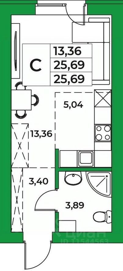 1к. квартира, 25.7 м²