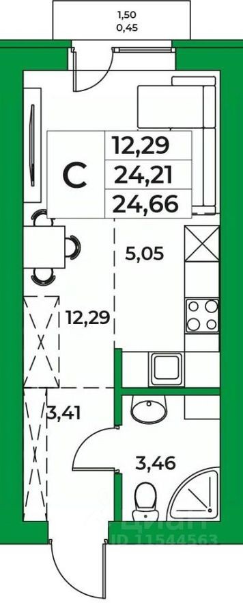 1к. квартира, 24.7 м²