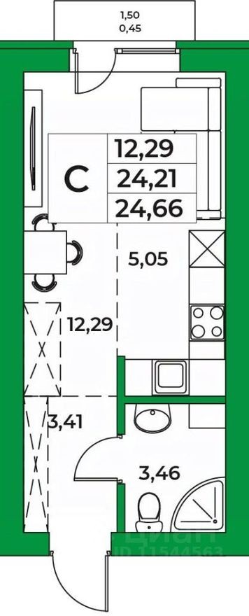 1к. квартира, 24.7 м²