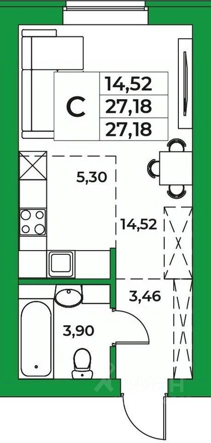 1к. квартира, 27.2 м²
