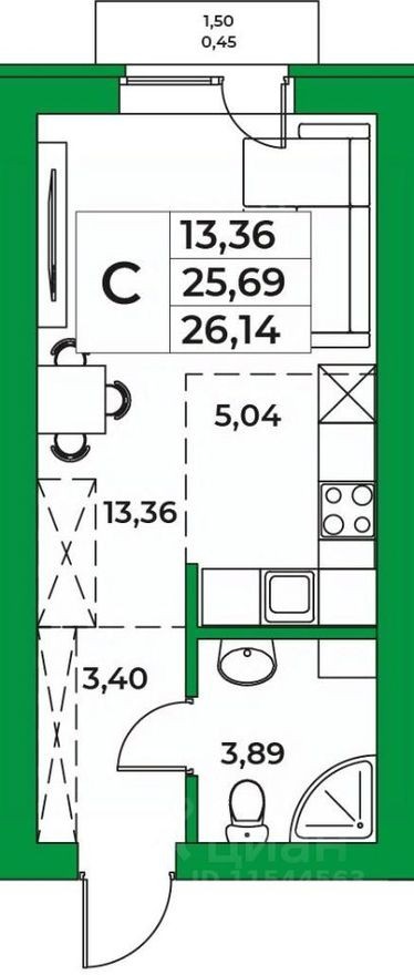 1к. квартира, 26.1 м²