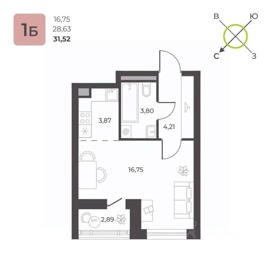 1к. квартира, 31.5 м²
