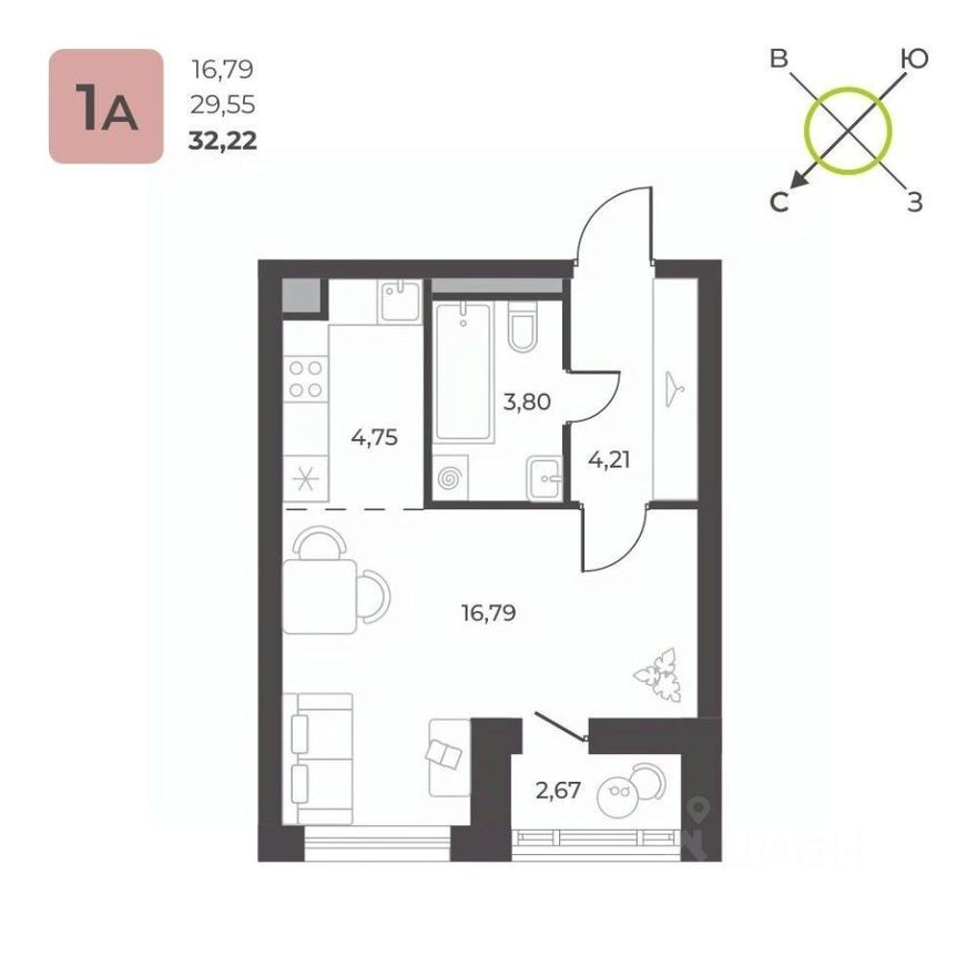 1к. квартира, 32.2 м²