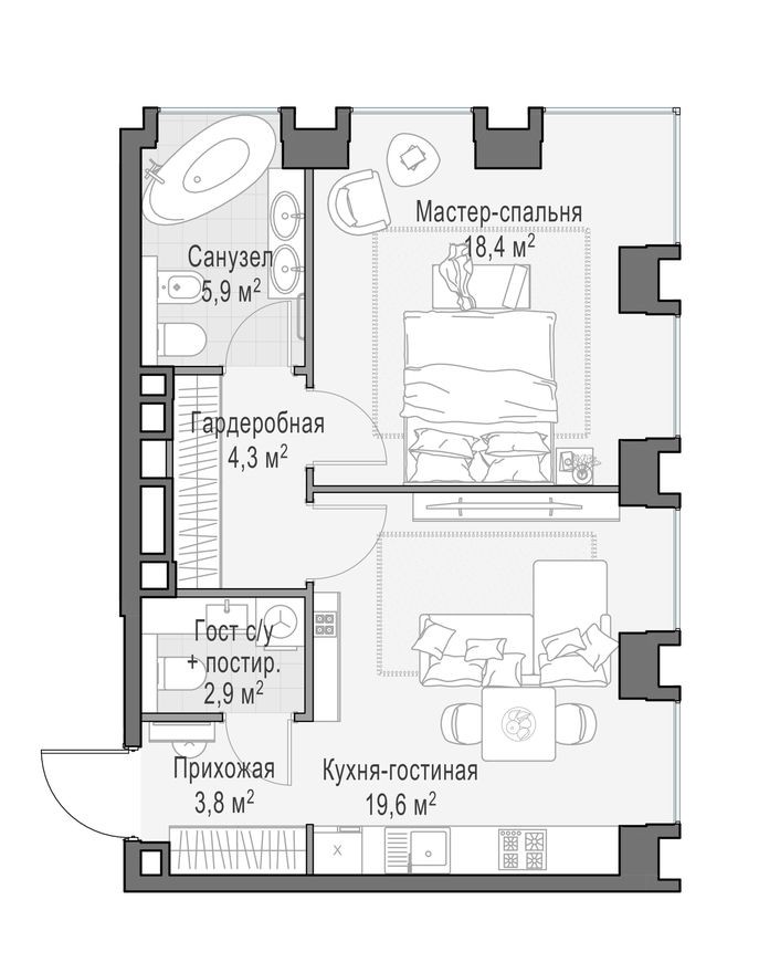 1к. квартира, 55.5 м²