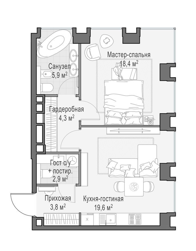 1к. квартира, 55.5 м²