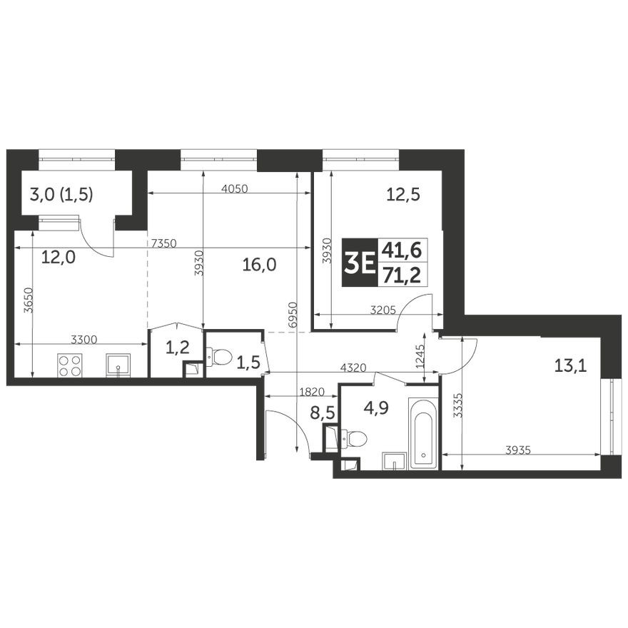 3е квартира, 71.2 м²
