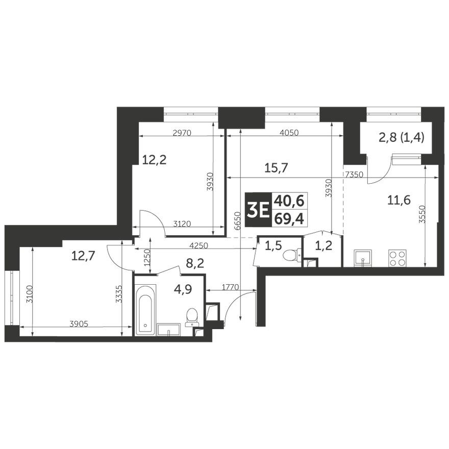 3е квартира, 69.4 м²
