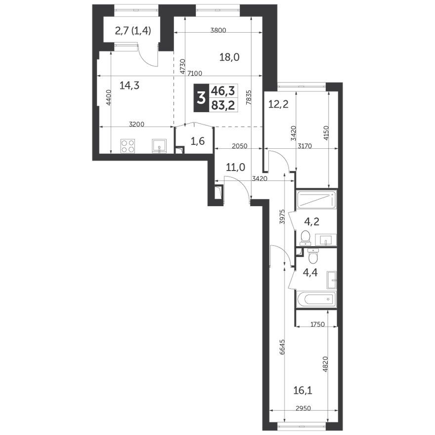 3е квартира, 83.2 м²