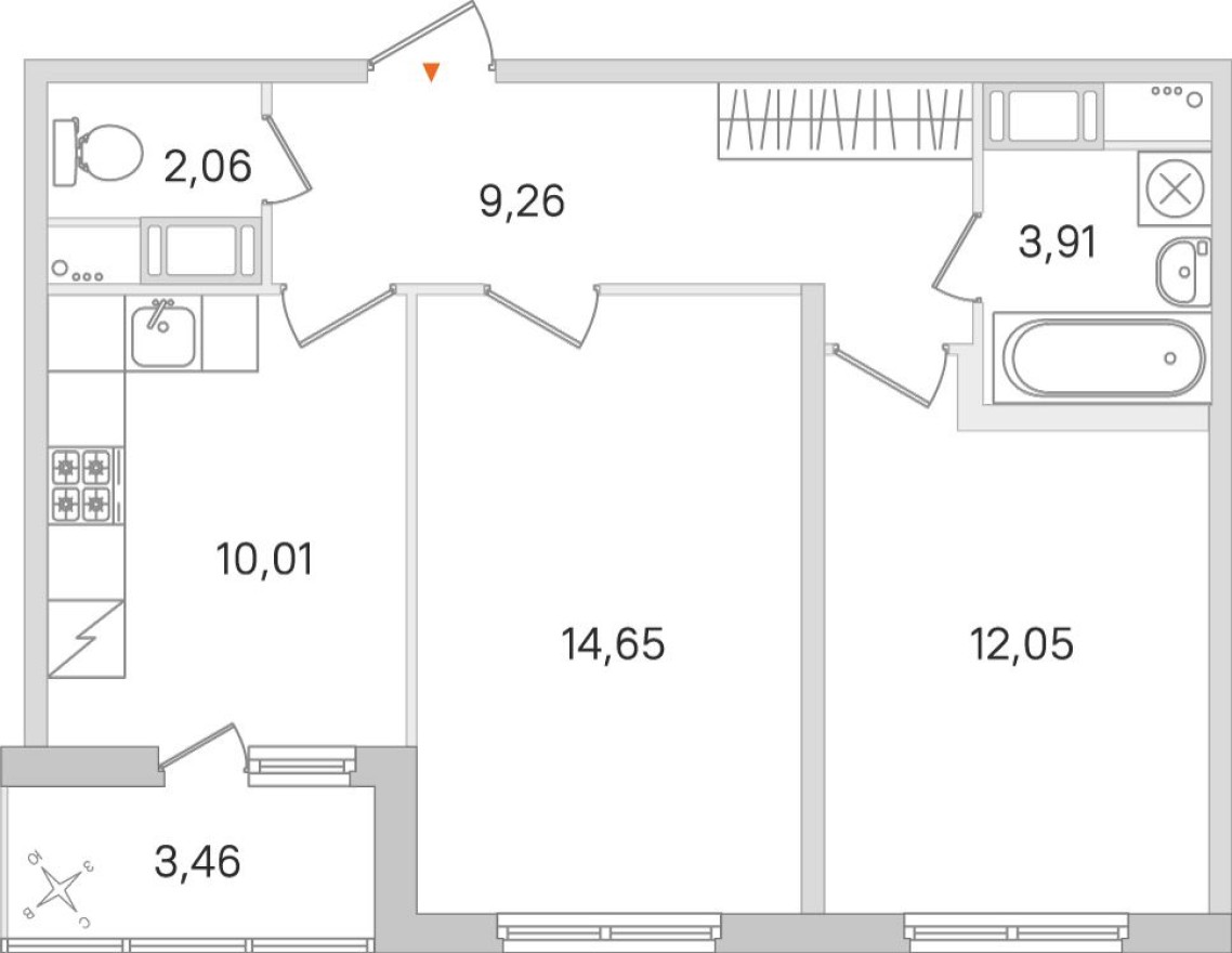 2к. квартира, 53.7 м²