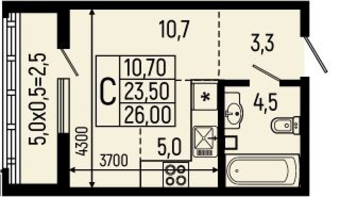 Студия-квартира, 26.0 м²