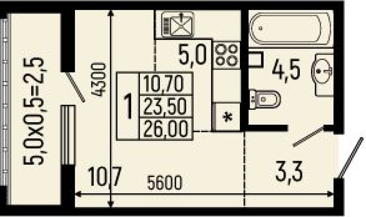 Студия-квартира, 26.0 м²