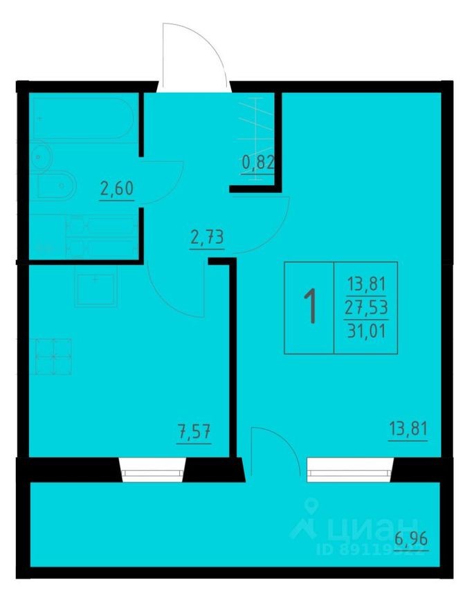 1к. квартира, 31.0 м²