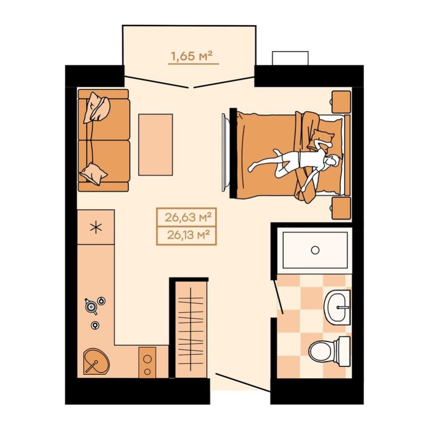 1к. квартира, 26.6 м²